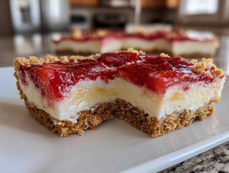 A close-up, bitten piece of No-Bake Lemon Strawberry Cheesecake Bark showing graham cracker crust, creamy filling, and strawberry topping.