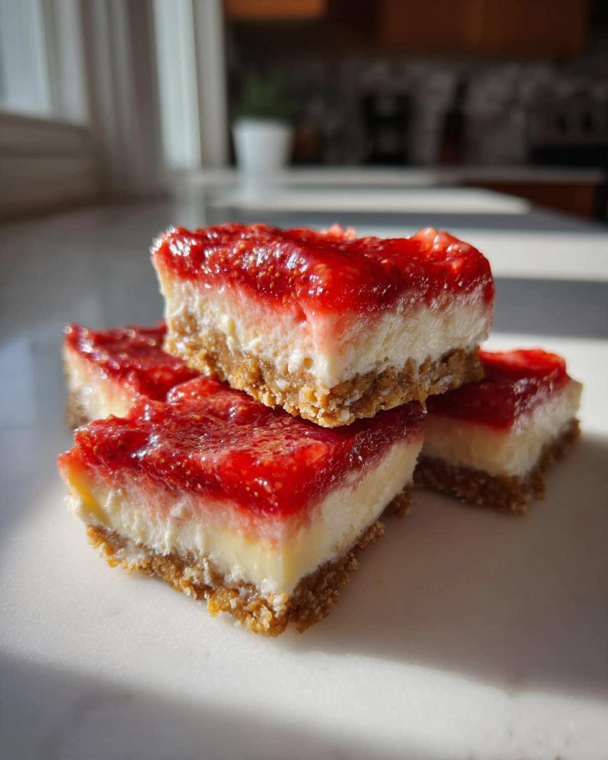 Four squares of No-Bake Lemon Strawberry Cheesecake Bark stacked on a white surface.