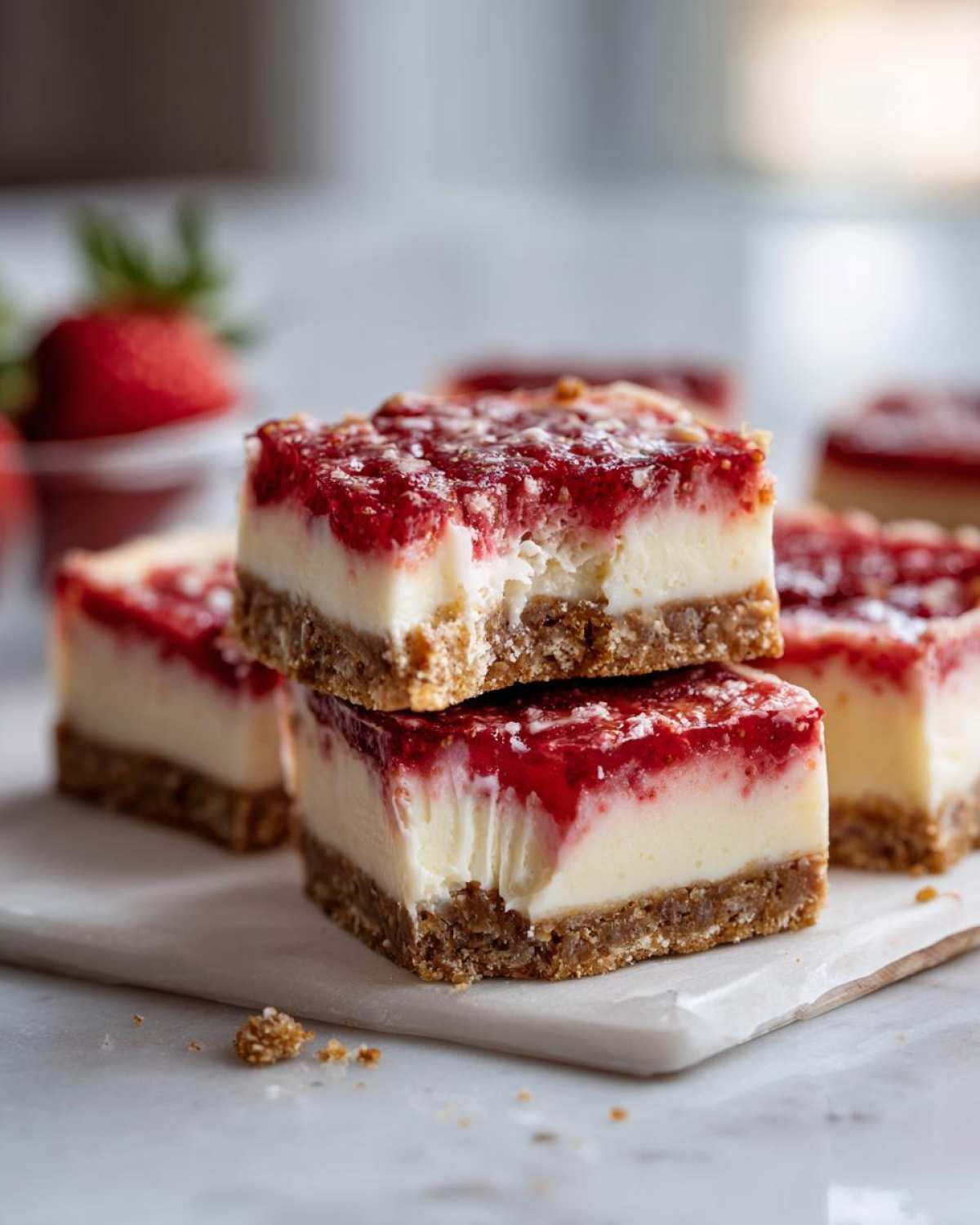 Two stacked squares of No-Bake Lemon Strawberry Cheesecake Bark showing creamy filling and bright red topping.