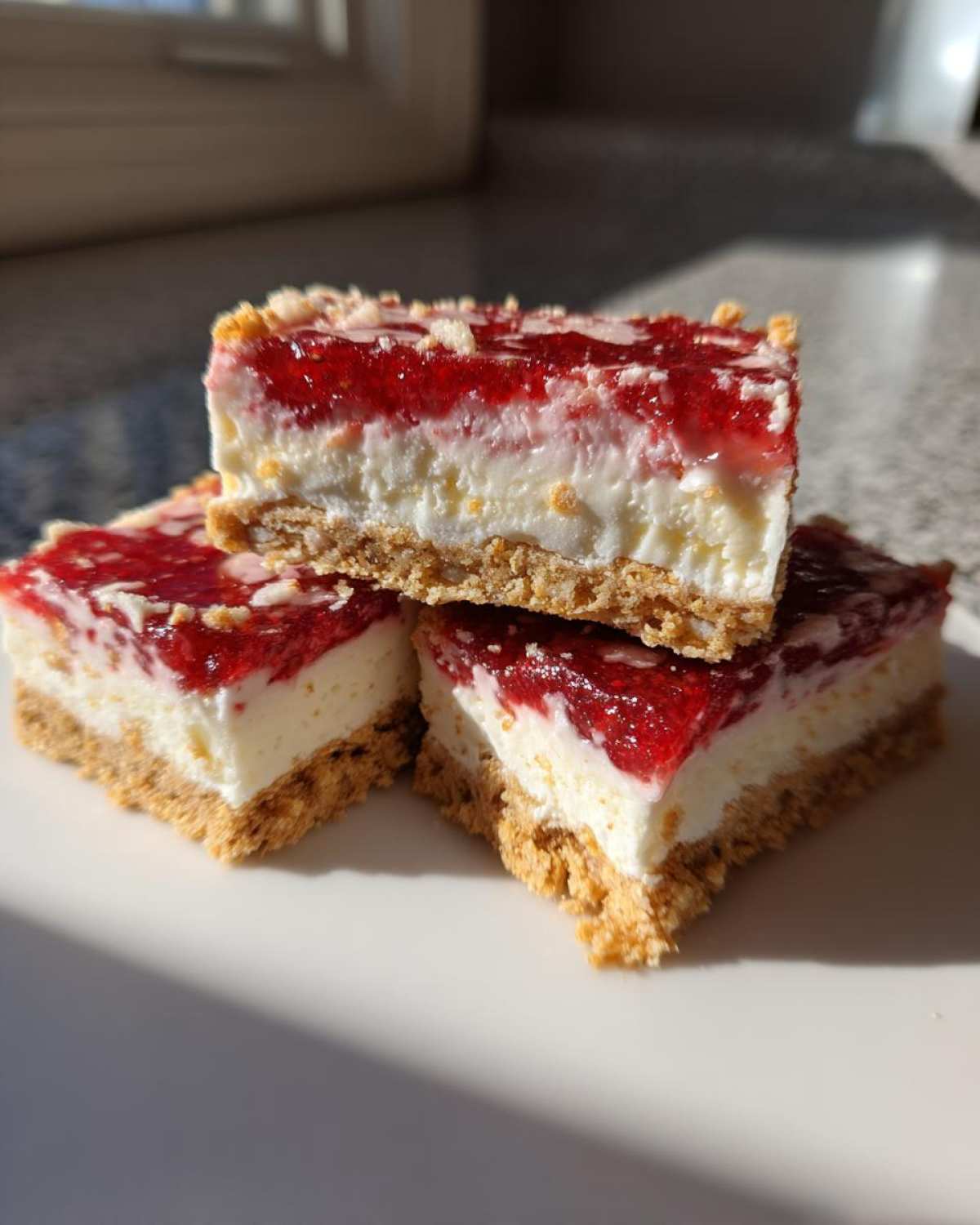 Three stacked squares of No-Bake Lemon Strawberry Cheesecake Bark showing graham cracker crust, creamy filling, and strawberry topping.