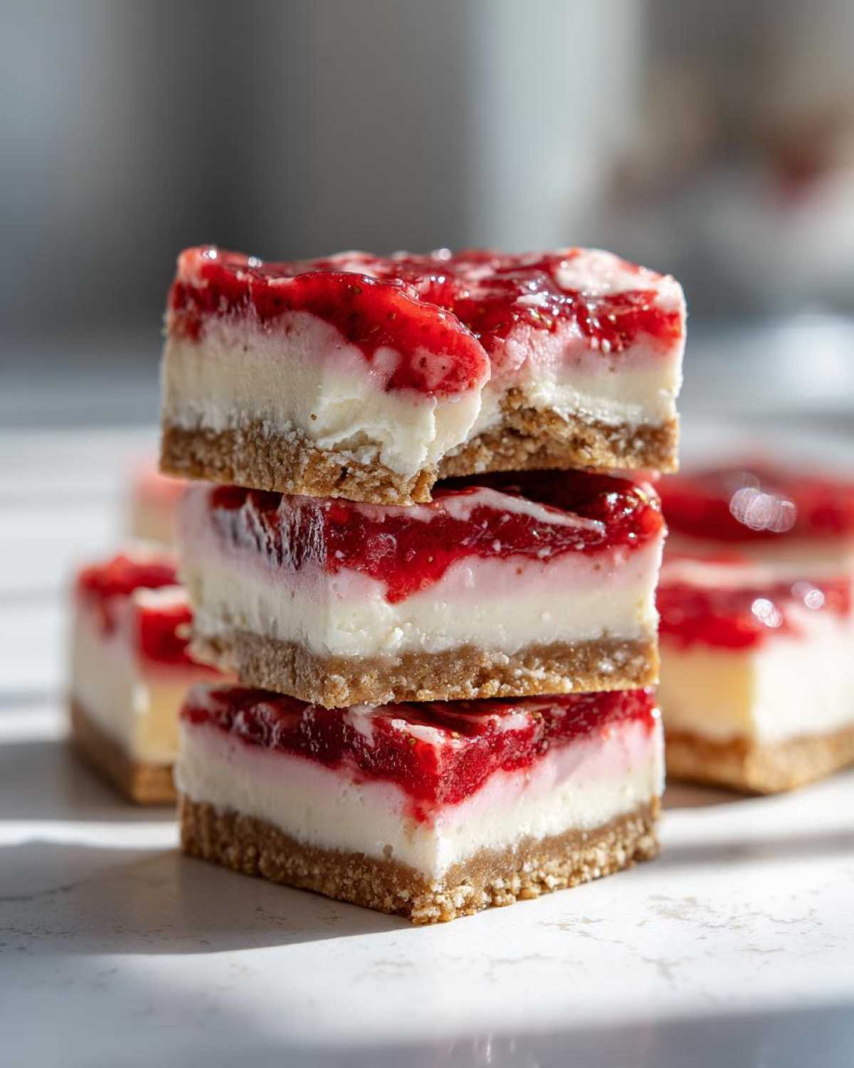 Three stacked squares of No-Bake Lemon Strawberry Cheesecake Bark showing a graham cracker crust, creamy white filling, and bright red strawberry topping.
