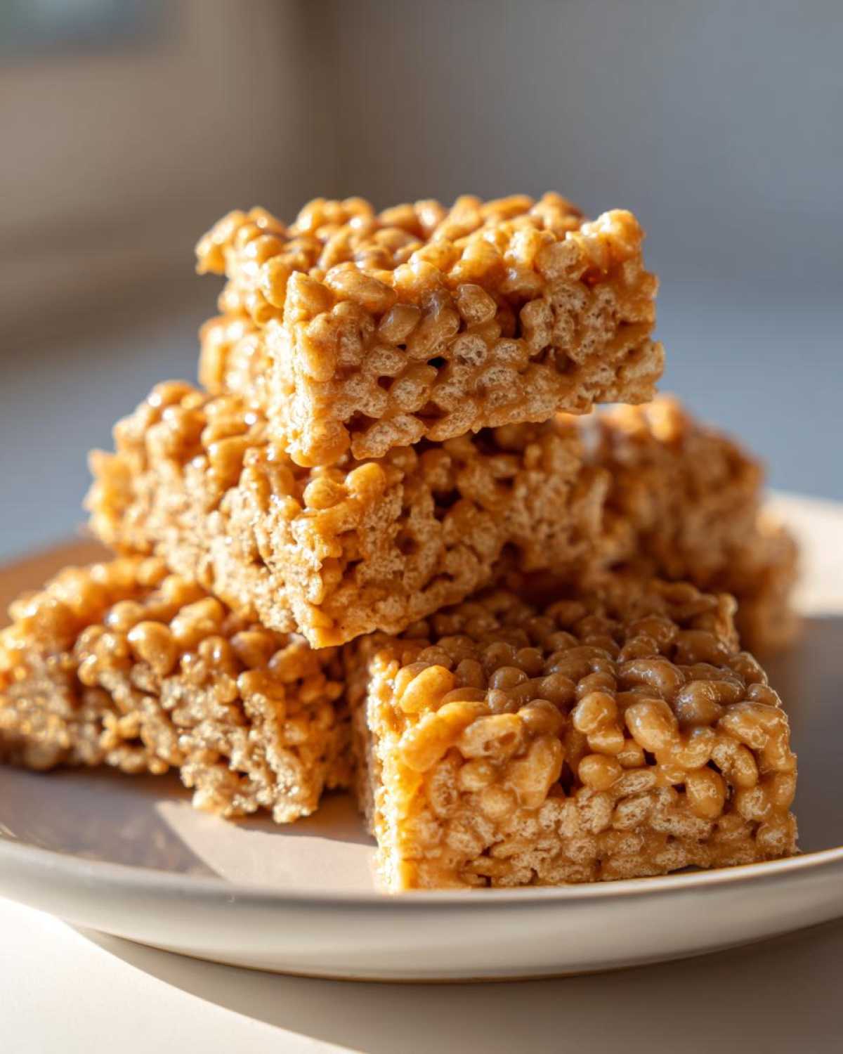 Close-up of a stack of chewy No-Bake Peanut Butter Rice Cereal Bars glistening in natural light.