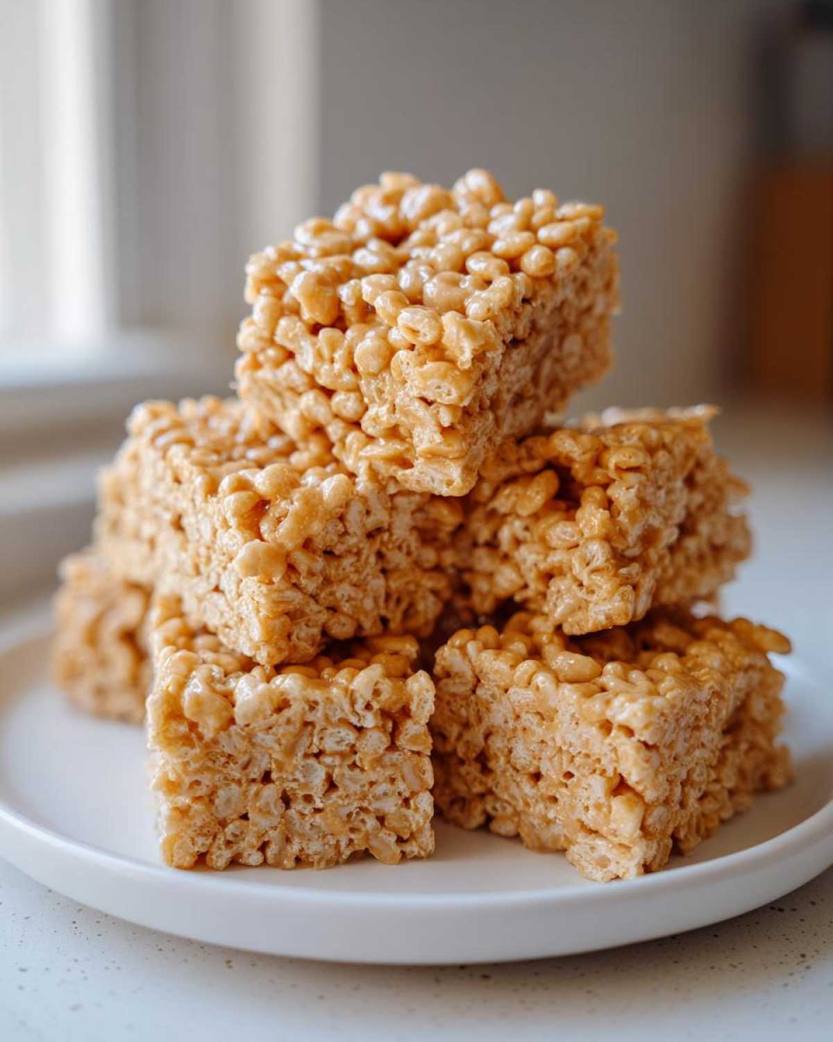 A stack of square No-Bake Peanut Butter Rice Cereal Bars piled on a white plate.
