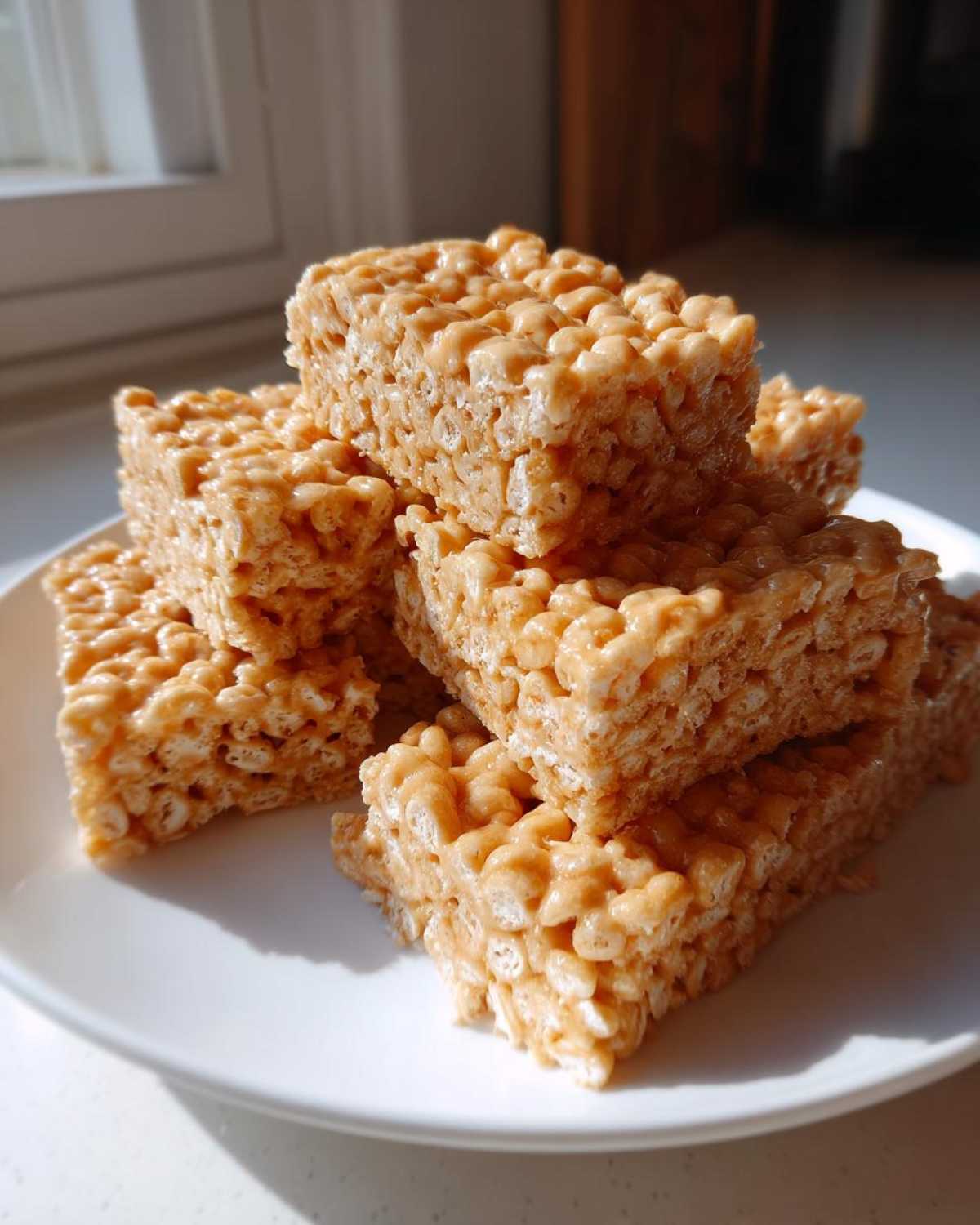 A stack of chewy No-Bake Peanut Butter Rice Cereal Bars on a white plate, lit by natural window light.
