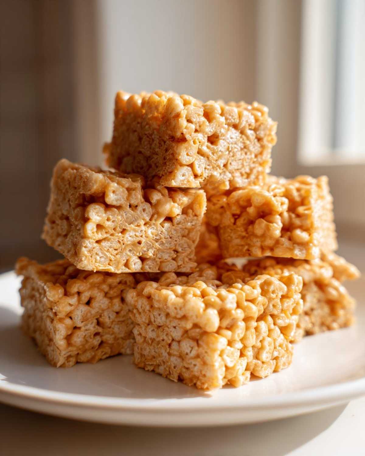 A stack of golden brown No-Bake Peanut Butter Rice Cereal Bars resting on a white plate.