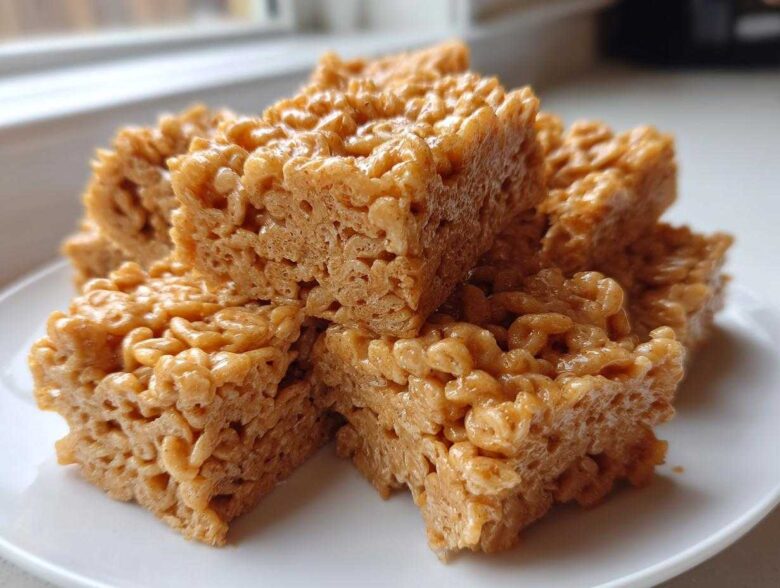 A stack of golden brown No-Bake Peanut Butter Rice Cereal Bars served on a white plate.