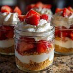 Close-up of layered No-Bake Strawberry Cream Pie Jars topped with whipped cream and fresh strawberries.