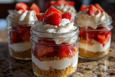 Close-up of layered No-Bake Strawberry Cream Pie Jars topped with whipped cream and fresh strawberries.