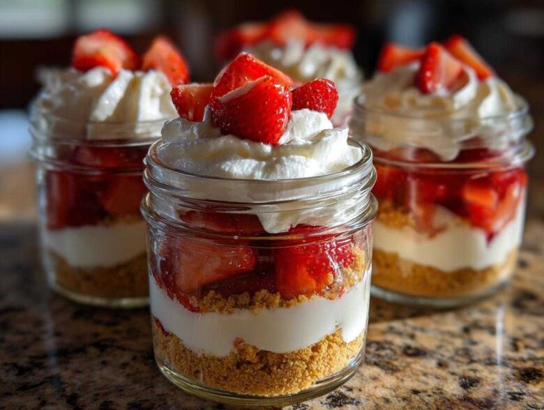 Close-up of layered No-Bake Strawberry Cream Pie Jars topped with whipped cream and fresh strawberries.