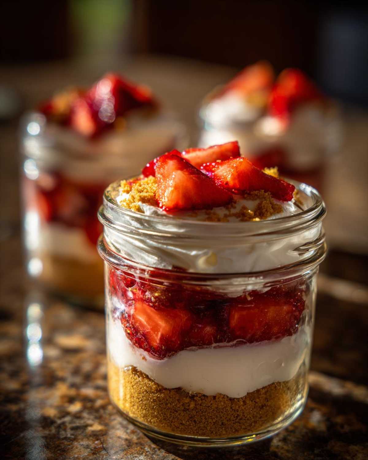 A close-up of a layered No-Bake Strawberry Cream Pie Jars dessert featuring graham cracker crust, cream filling, strawberries, and whipped topping.