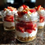Close-up of a layered No-Bake Strawberry Cream Pie Jars dessert in a small mason jar, topped with whipped cream and fresh strawberries.