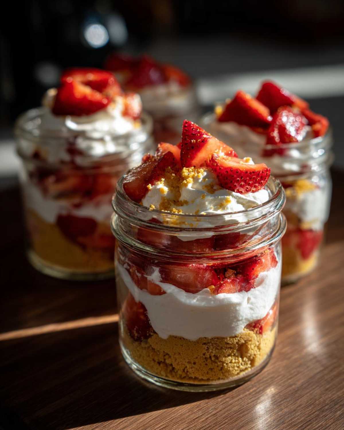 Close-up of a No-Bake Strawberry Cream Pie Jars layered with graham cracker crust, cream, and fresh strawberries.