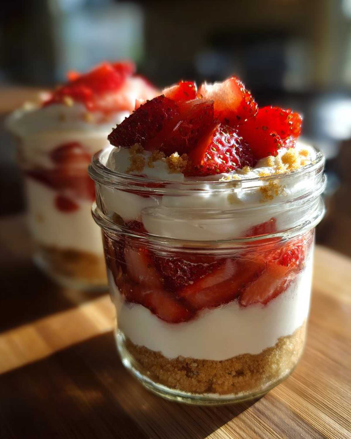Close-up of a No-Bake Strawberry Cream Pie Jars layered with graham cracker crust, cream, and fresh strawberries in a glass jar.