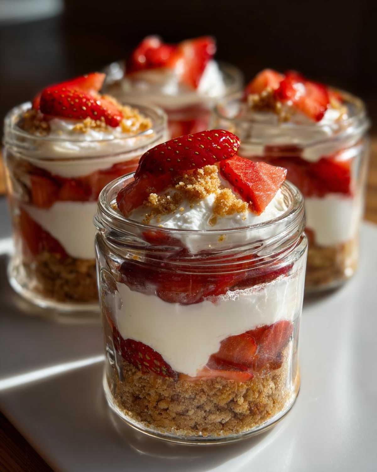 Four individual No-Bake Strawberry Cream Pie Jars layered with graham cracker crust, cream, and fresh strawberries.