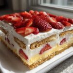 A square slice of No-Bake Strawberry Lemon Icebox Cake layered with cream, cookies, lemon filling, and topped with fresh strawberries.
