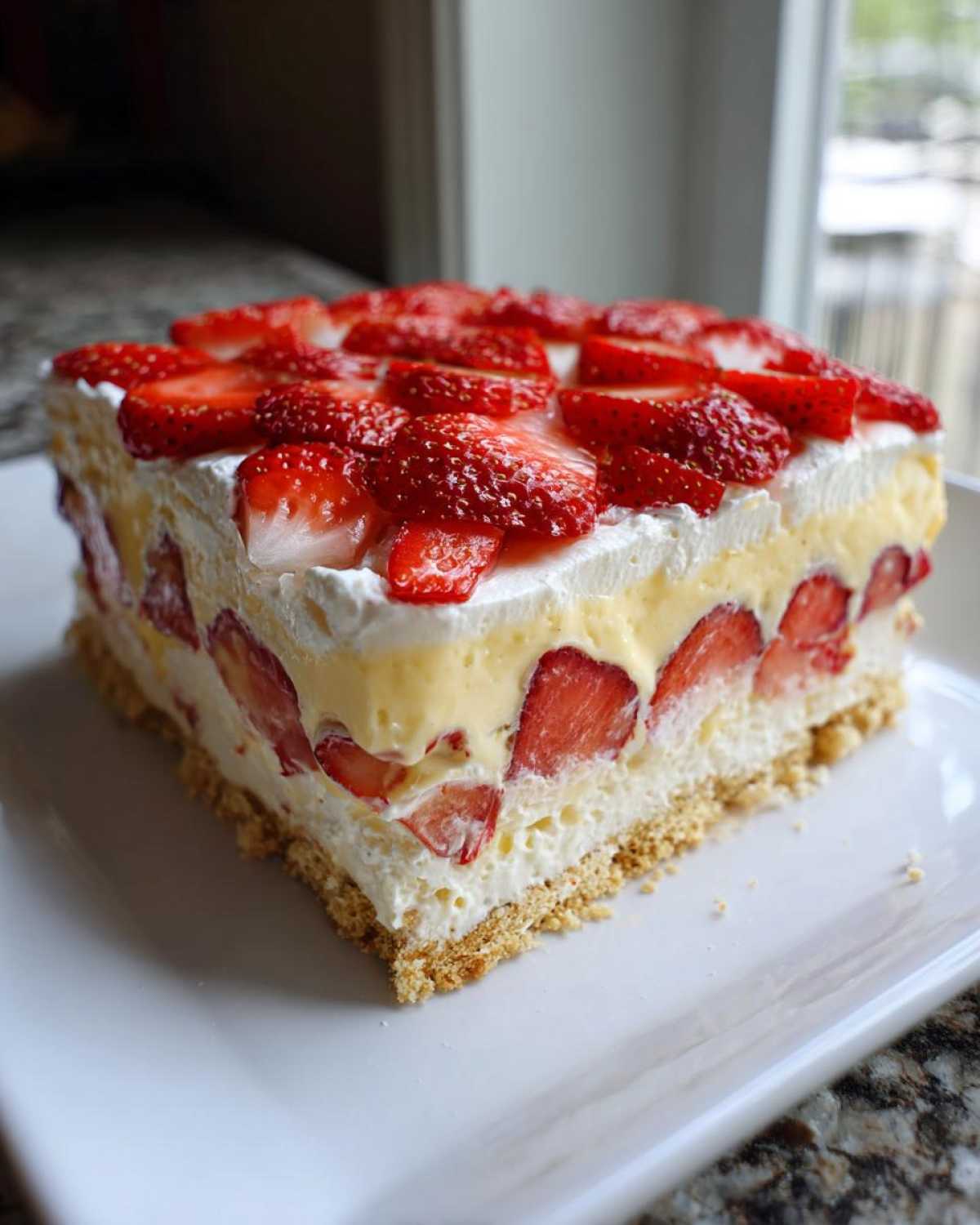 A perfect square slice of No-Bake Strawberry Lemon Icebox Cake on a white plate.