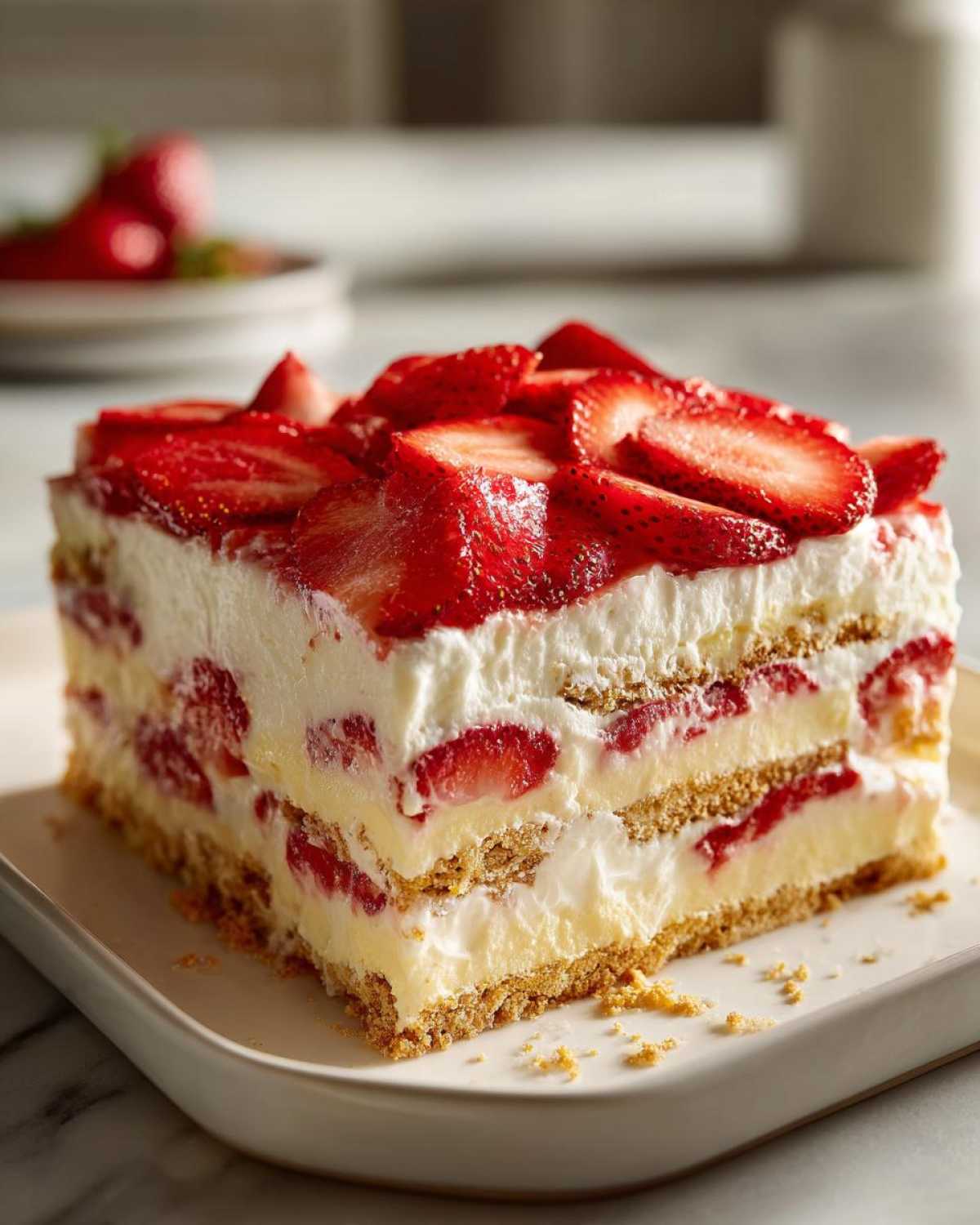 A close-up of a layered slice of No-Bake Strawberry Lemon Icebox Cake with cream and graham crackers.