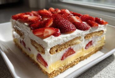A square slice of No-Bake Strawberry Lemon Icebox Cake layered with cream, cookies, lemon filling, and topped with fresh strawberries.