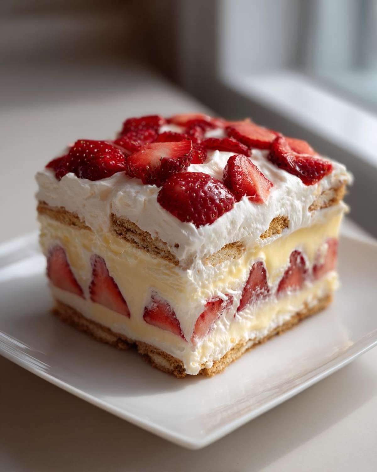 A perfect square slice of No-Bake Strawberry Lemon Icebox Cake layered with cream, graham crackers, and fresh strawberries.