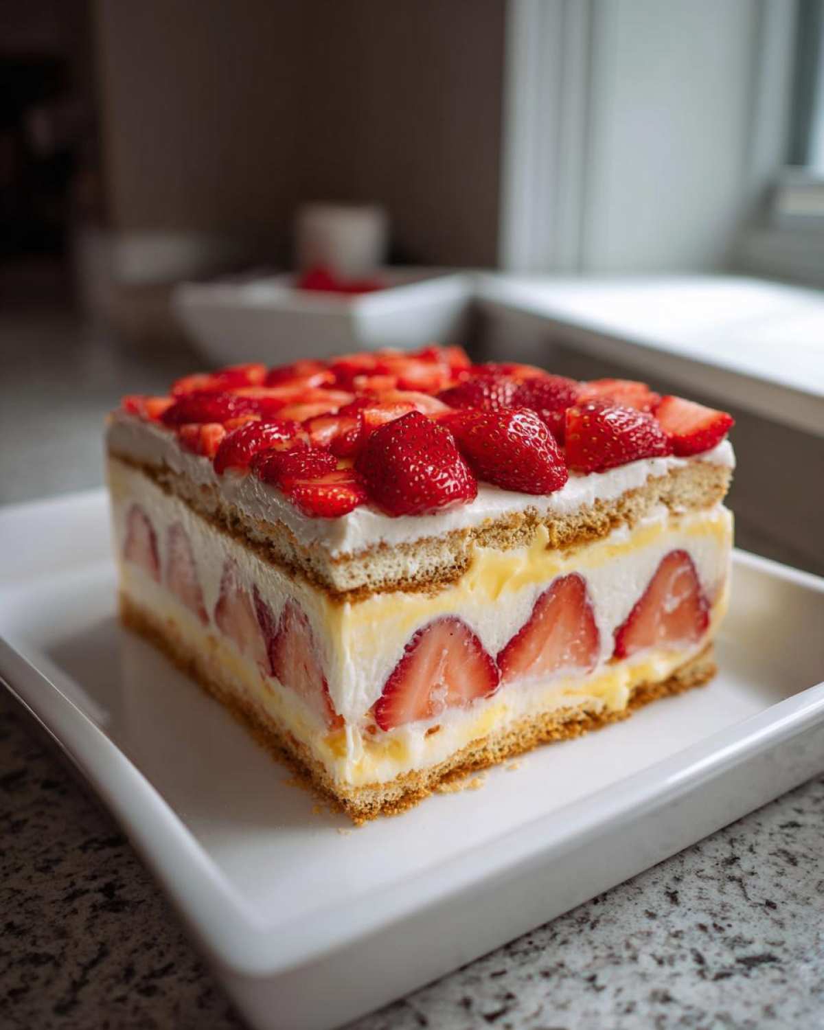 A perfect slice of No-Bake Strawberry Lemon Icebox Cake showing layers of cream, lemon filling, and fresh strawberries.