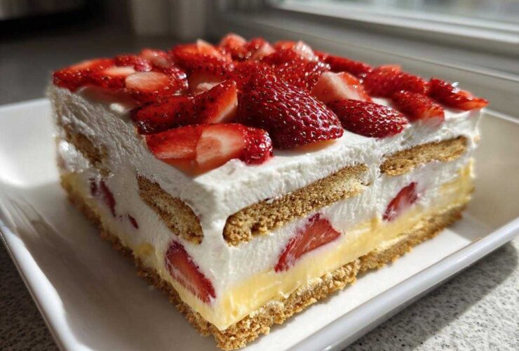A square slice of No-Bake Strawberry Lemon Icebox Cake layered with cream, cookies, lemon filling, and topped with fresh strawberries.