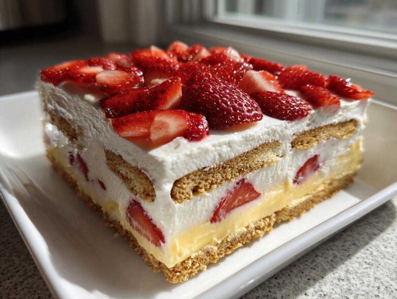 A square slice of No-Bake Strawberry Lemon Icebox Cake layered with cream, cookies, lemon filling, and topped with fresh strawberries.
