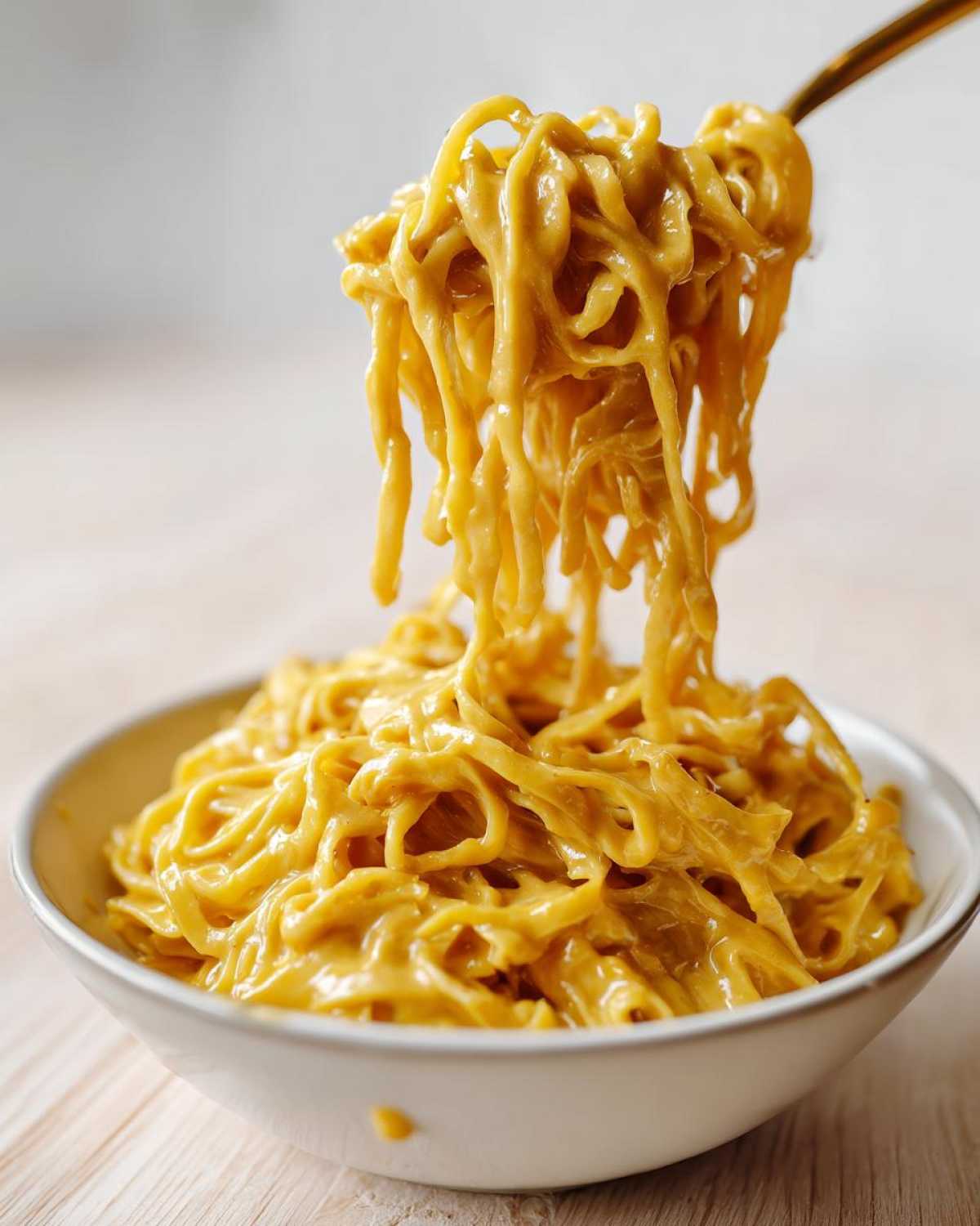 A fork lifting noodles generously coated in creamy Easy 5-Minute Peanut Sauce from a white bowl.
