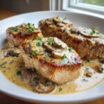 Four seared One-Pan Creamy Dijon Pork Chops smothered in a rich mushroom sauce and garnished with parsley.