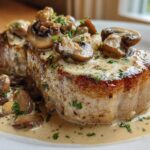 Close-up of seared One-Pan Creamy Dijon Pork Chops with Mushrooms smothered in a rich sauce.