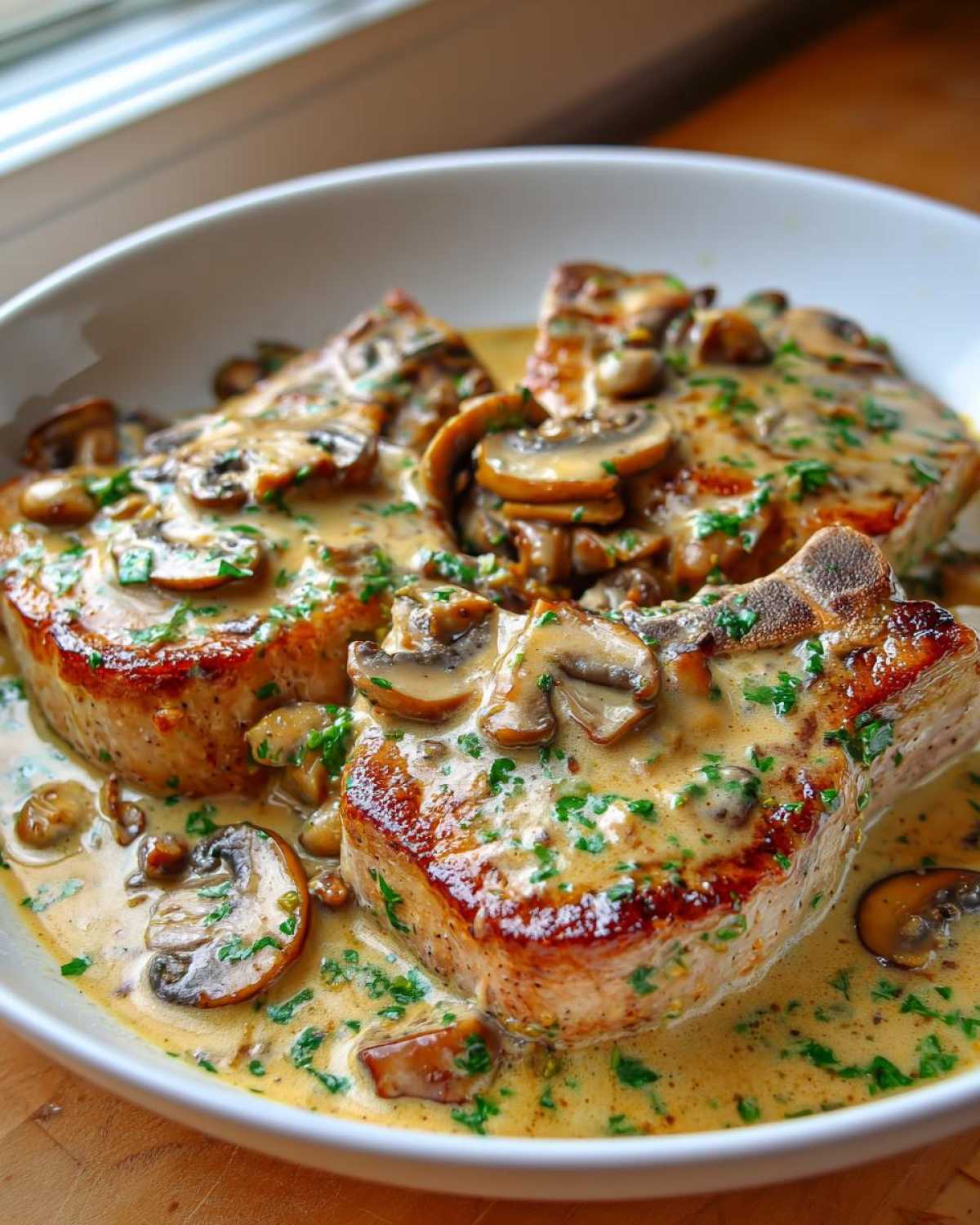Three seared pork chops smothered in a creamy Dijon sauce with sliced mushrooms and parsley.