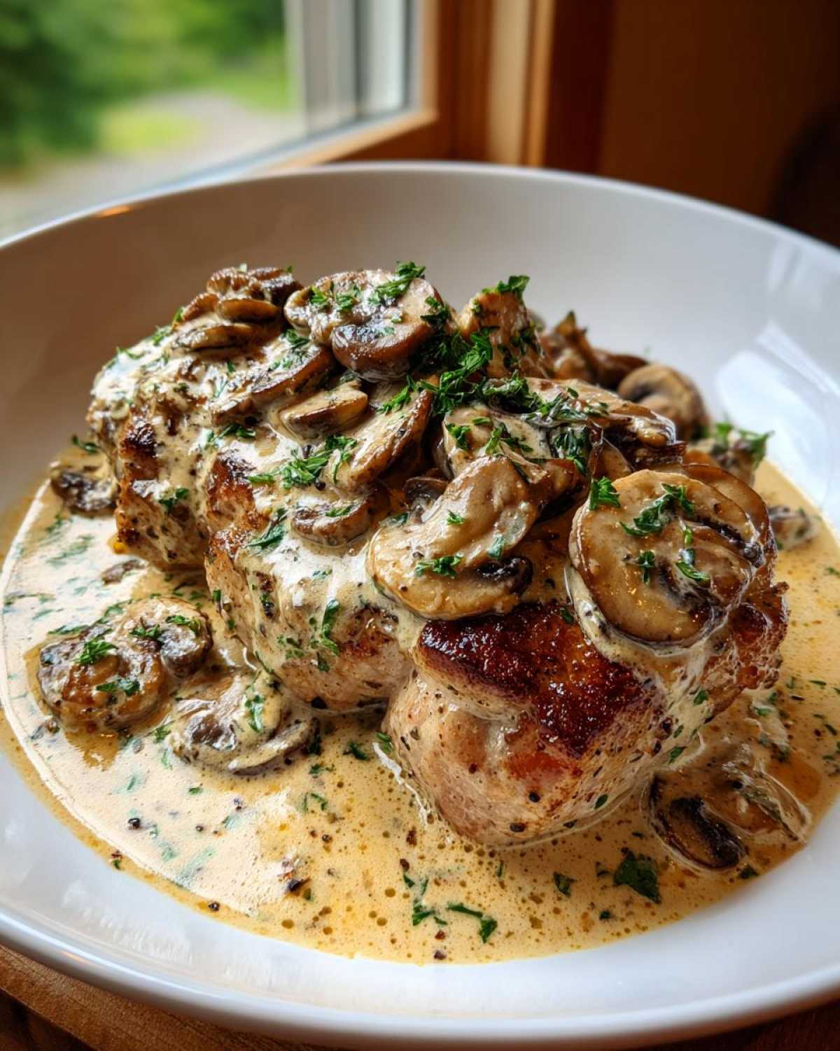Close-up of seared One-Pan Creamy Dijon Pork Chops smothered in a rich, creamy mushroom sauce and fresh parsley.