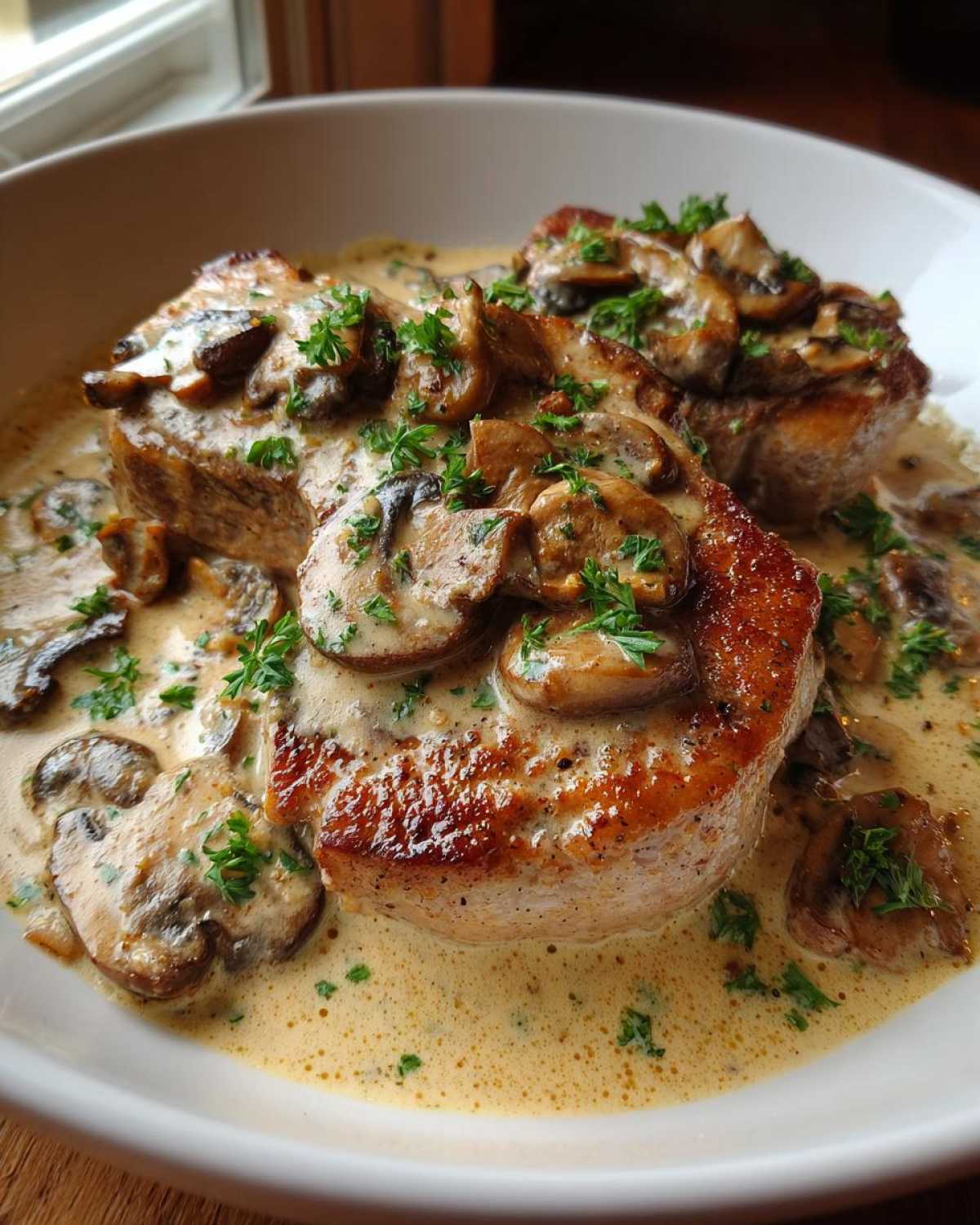 Two seared pork chops smothered in a creamy Dijon sauce and topped with sautéed mushrooms and fresh parsley.