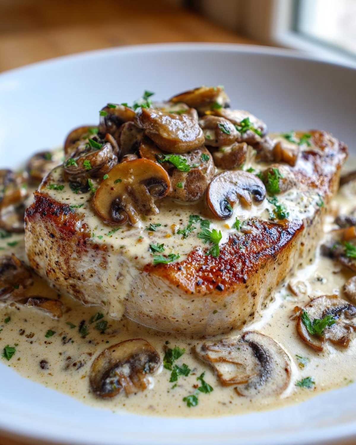 A perfectly seared pork chop covered in creamy Dijon sauce and topped with sautéed mushrooms and fresh parsley.