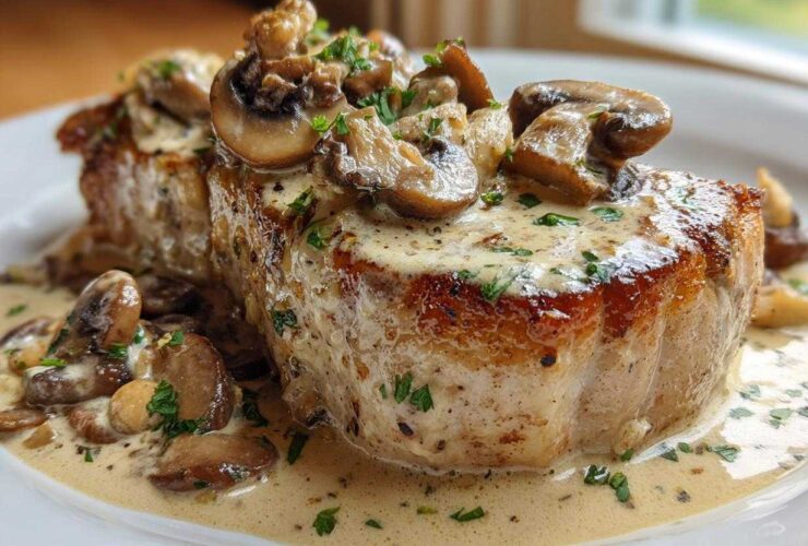 Close-up of seared One-Pan Creamy Dijon Pork Chops with Mushrooms smothered in a rich sauce.