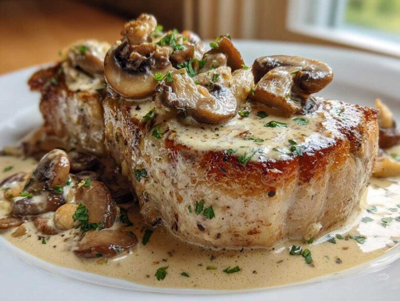 Close-up of seared One-Pan Creamy Dijon Pork Chops with Mushrooms smothered in a rich sauce.