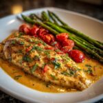 A fillet of One-Pan Creamy Garlic Butter Tilapia smothered in sauce, served with roasted asparagus and cherry tomatoes.