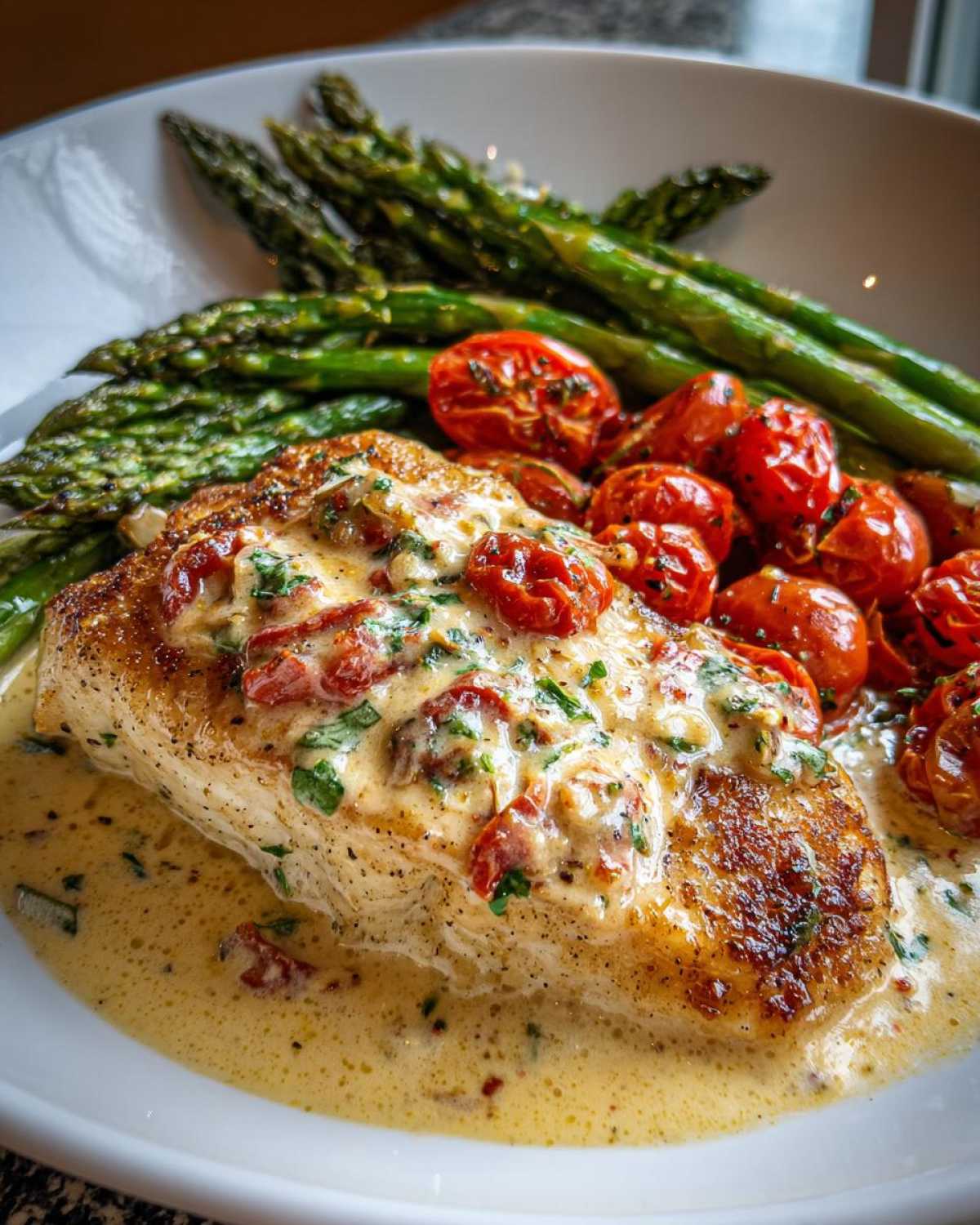Close-up of One-Pan Creamy Garlic Butter Tilapia topped with sauce, served with roasted cherry tomatoes and green asparagus.