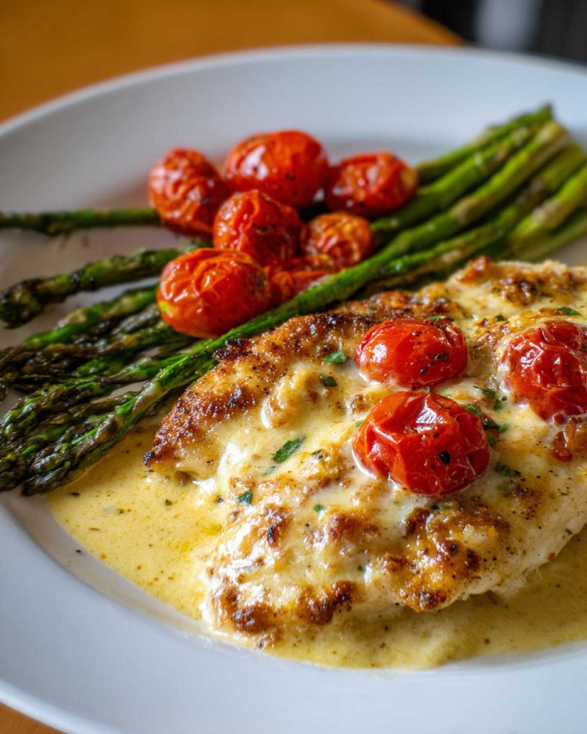 Close-up of One-Pan Creamy Garlic Butter Tilapia topped with roasted cherry tomatoes and served with asparagus.