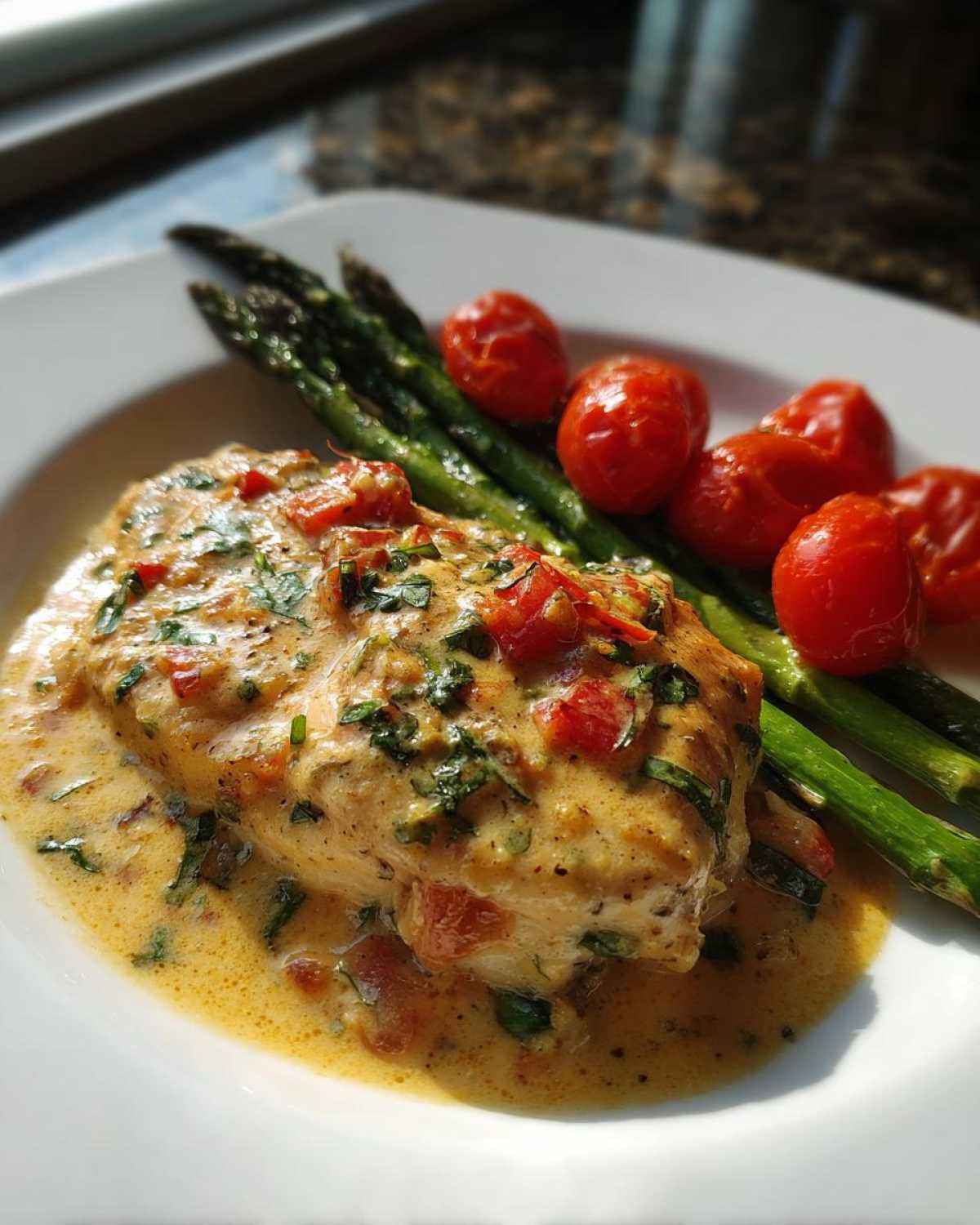 A close-up of One-Pan Creamy Garlic Butter Tilapia smothered in sauce, served with roasted asparagus and cherry tomatoes.
