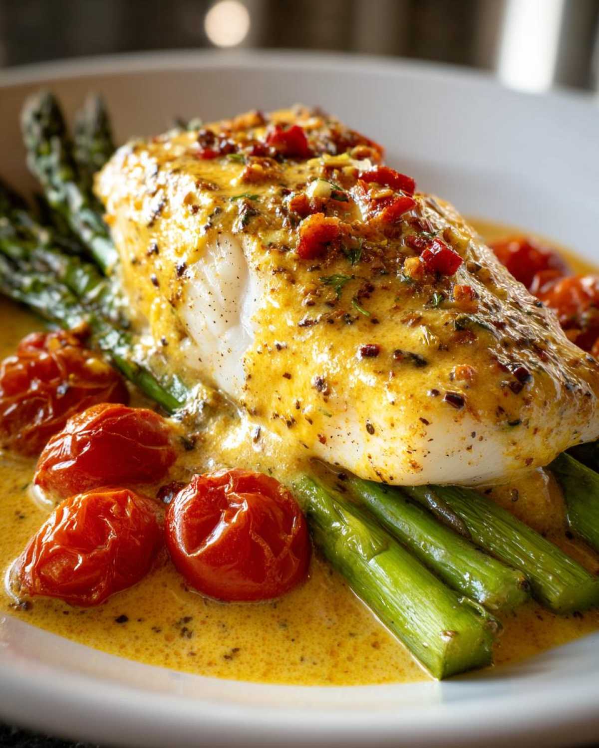 Close-up of One-Pan Creamy Garlic Butter Tilapia fillet topped with sauce, served over asparagus and roasted cherry tomatoes.
