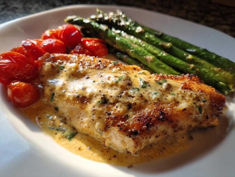 A perfectly cooked fillet of One-Pan Creamy Garlic Butter Tilapia smothered in sauce, served with roasted asparagus and cherry tomatoes.