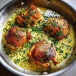 Four crispy, golden brown One-Pan Creamy Lemon Dill Chicken Thighs simmering in a rich, yellow dill sauce.