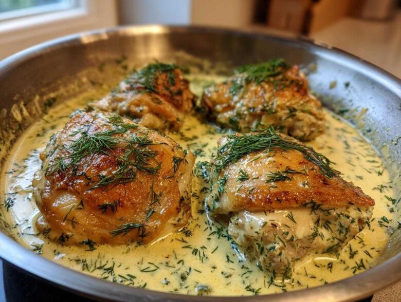 Four golden-brown chicken thighs simmering in a creamy lemon dill sauce, garnished with fresh dill.