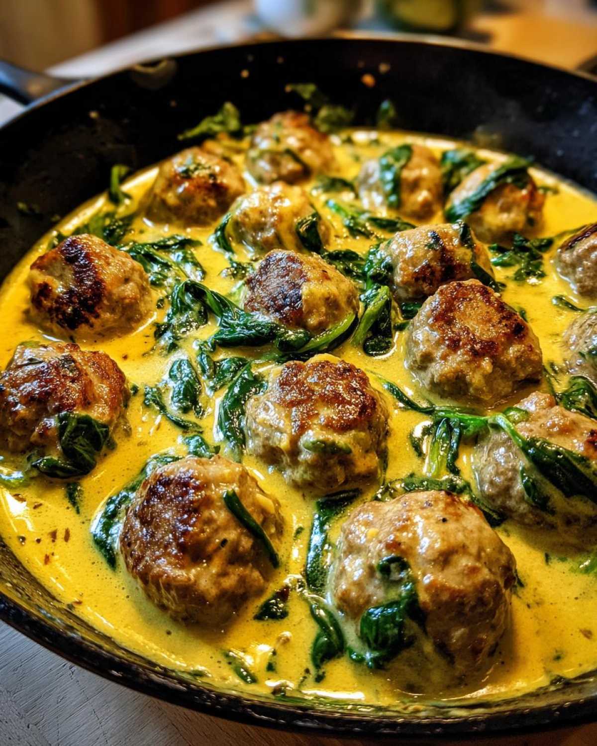 Close-up of browned turkey meatballs simmering in a creamy lemon garlic sauce with wilted spinach.