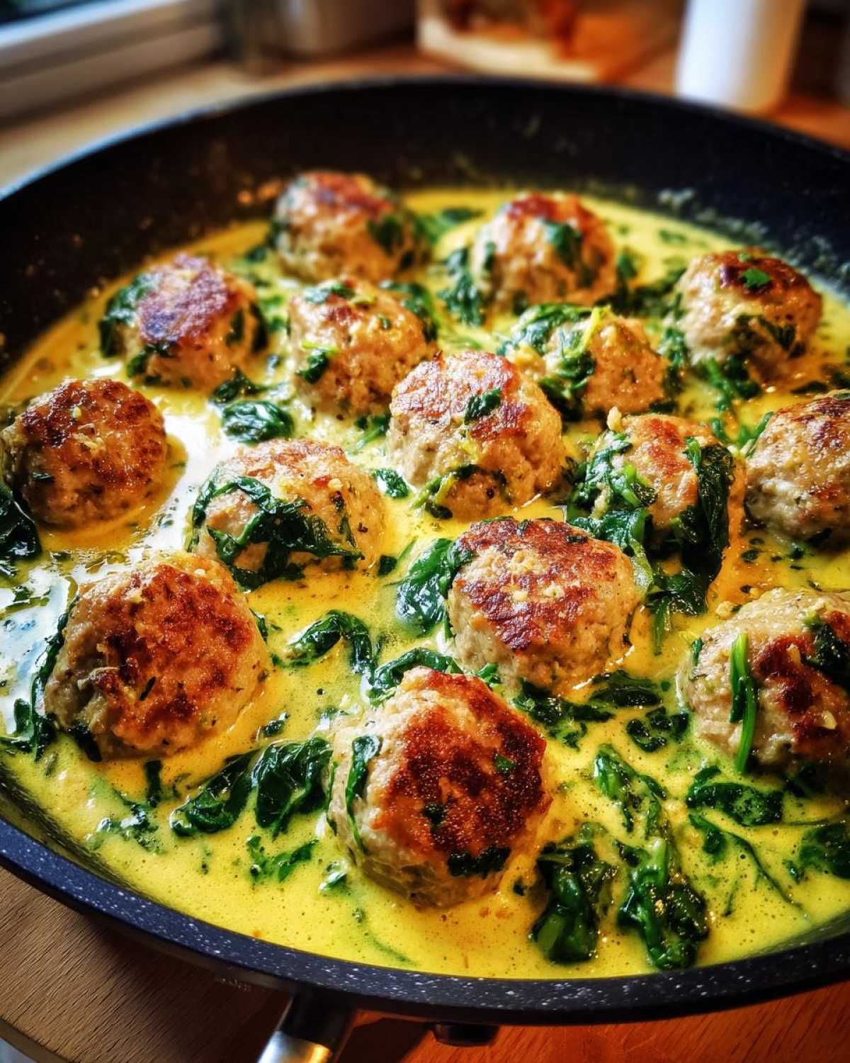 Close-up of browned One-Pan Creamy Lemon Garlic Turkey Meatballs simmering in a bright yellow, creamy sauce with wilted spinach.
