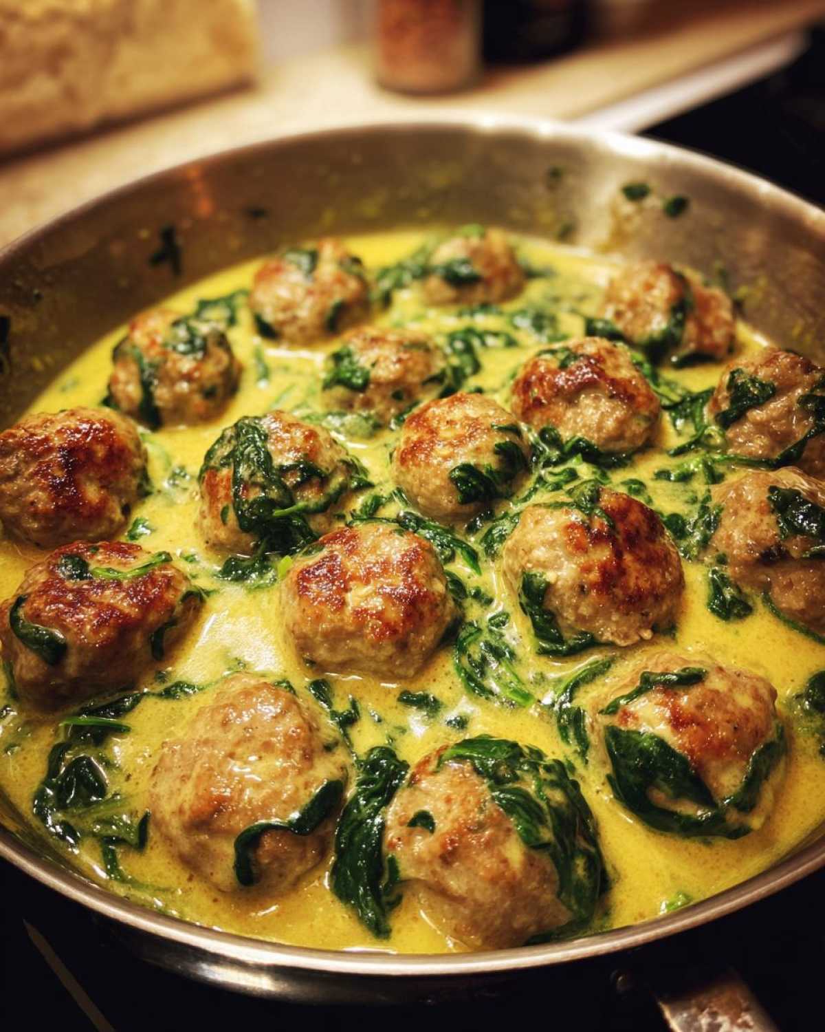 Close-up of browned turkey meatballs simmering in a creamy lemon garlic sauce with wilted spinach.
