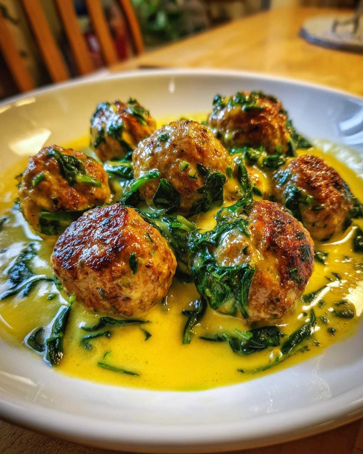 Close-up of seared One-Pan Creamy Lemon Garlic Turkey Meatballs served in a bright yellow sauce with wilted spinach.