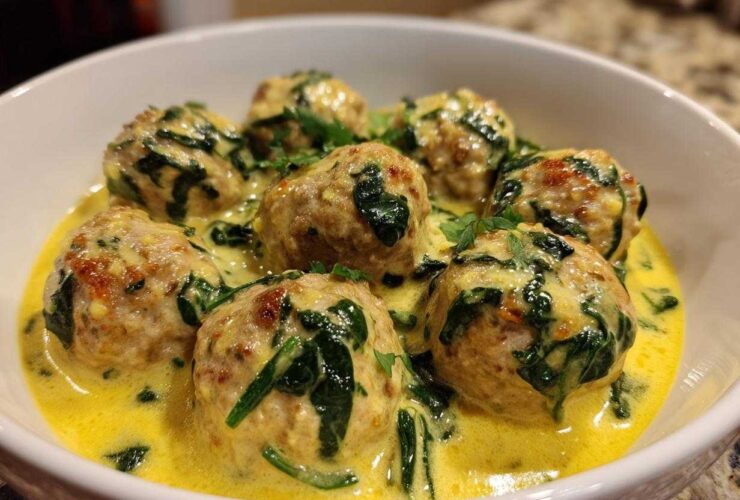 Close-up of One-Pan Creamy Lemon Garlic Turkey Meatballs served in a white bowl with spinach and a rich yellow sauce.
