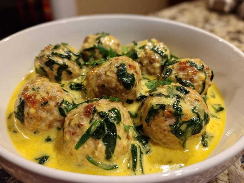 Close-up of One-Pan Creamy Lemon Garlic Turkey Meatballs served in a white bowl with spinach and a rich yellow sauce.