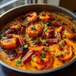 Close-up of perfectly cooked shrimp in a rich, creamy sauce with sun-dried tomatoes and parsley, One-Pan Creamy Sun-Dried Tomato Shrimp.